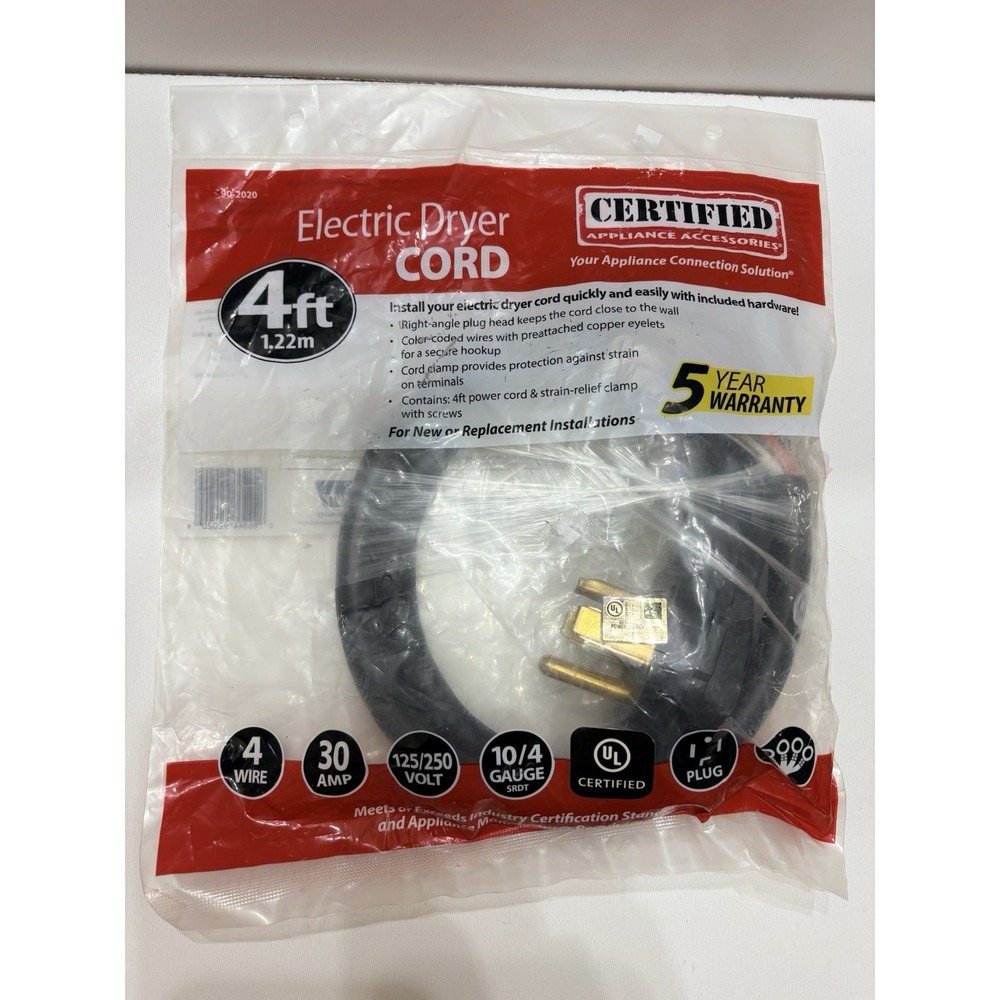 Certified Appliance 4‎ Prong 4 Ft. Universal Electric Dryer Power Cord -30 Amp